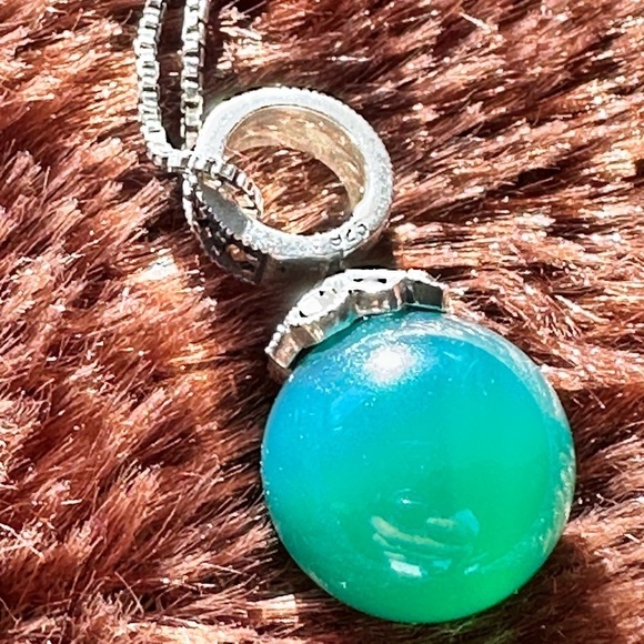 Sterling silver necklace Green Chalcedony, on box chain round pendant 1872 R - Picture 10 of 12